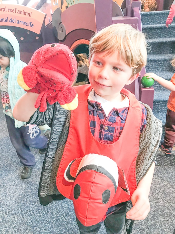 A boy playing with a puppet at the Monterey Bay Aquarium.