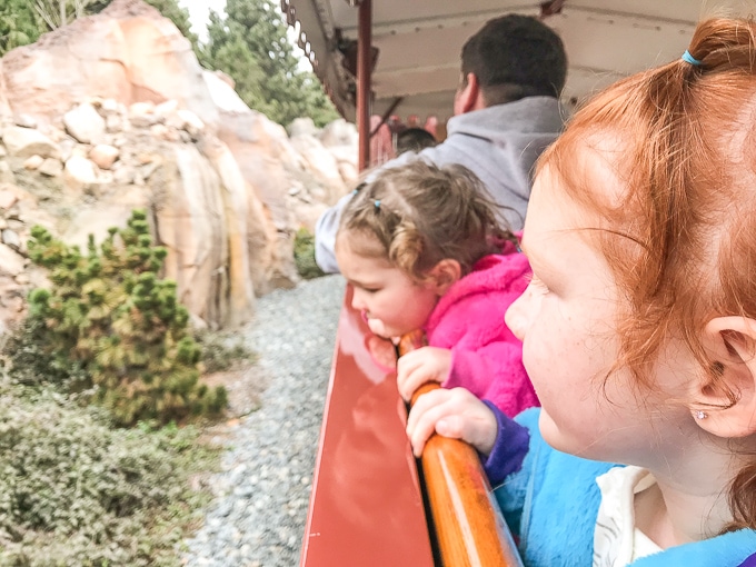 Two little girls peeking their heads out the window on the train in Disneyland during Winter.