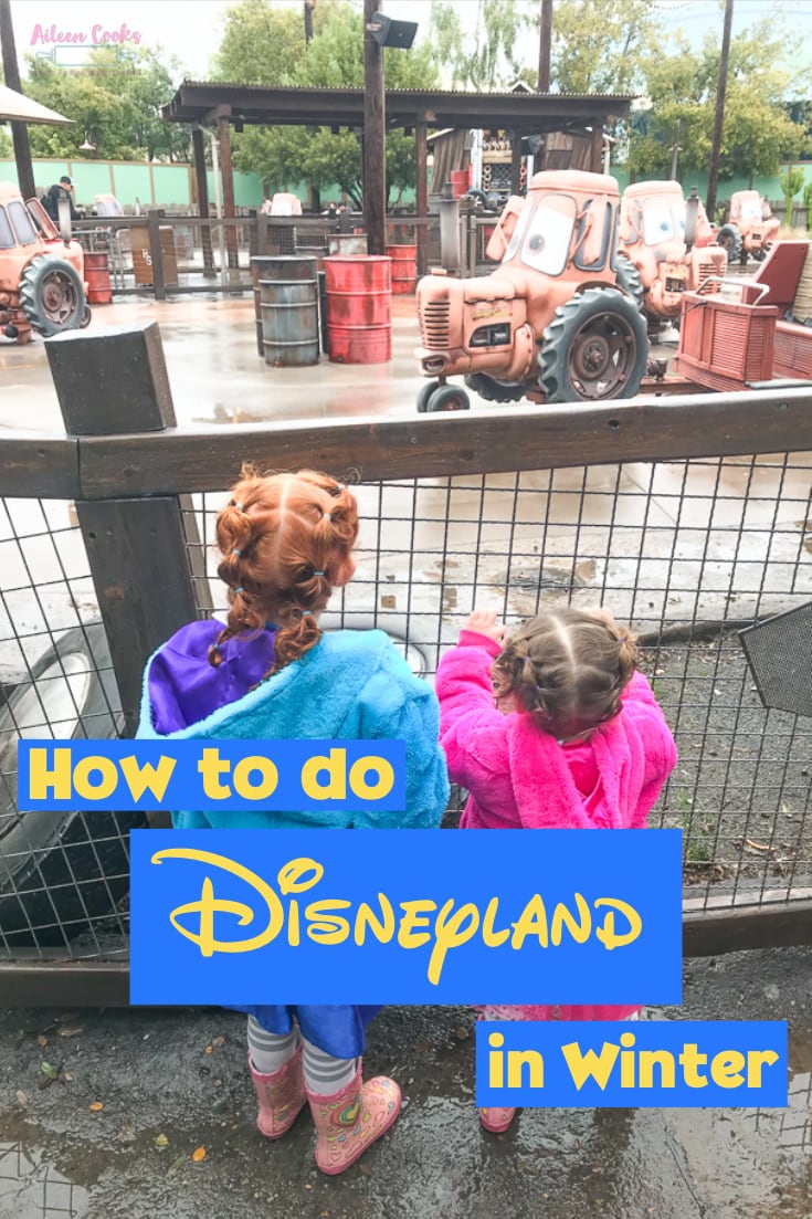 Two girls in rainbows waiting in line for the Mader's Junkyard Jamboree ride during their trip to Disneyland in Winter.