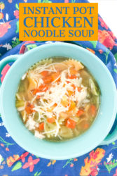 Chicken noodle soup made in the instant pot with fresh carrots and celery and frozen chicken breast. It all cooks in the same pot and is ready in under an hour.