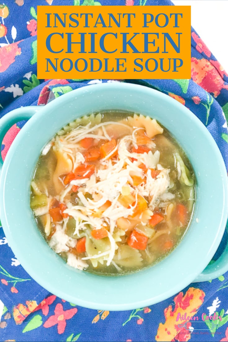 Chicken noodle soup made in the instant pot with fresh carrots and celery and frozen chicken breast. It all cooks in the same pot and is ready in under an hour.
