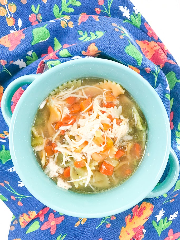 A bowl of chicken noodle soup filled with fresh carrots, celery, and bow tie pasta.