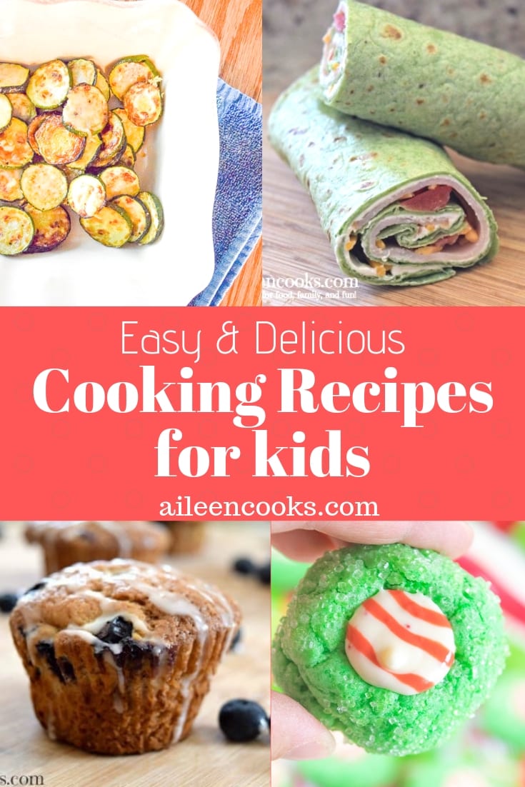 4 photos of cooking recipes for kids including turkey cream cheese roll-ups and parmesan zucchini rounds.