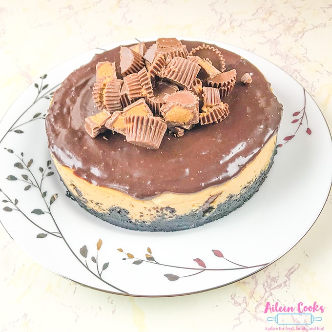 Instant pot Reese's Cheesecake on white china.