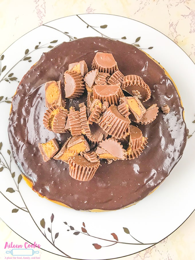 An overhead shot of instant pot Reese's cheesecake topped with peanut butter cups.