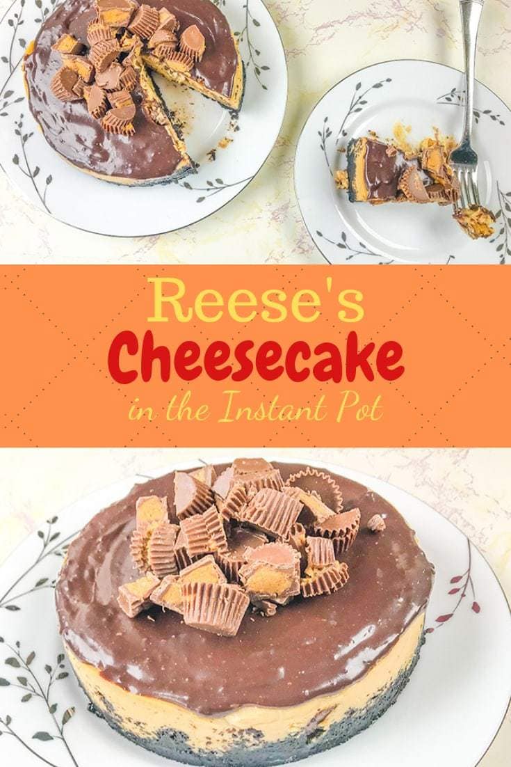 A peanut butter chocolate cheesecake topped with chopped Reese's peanut butter cups.