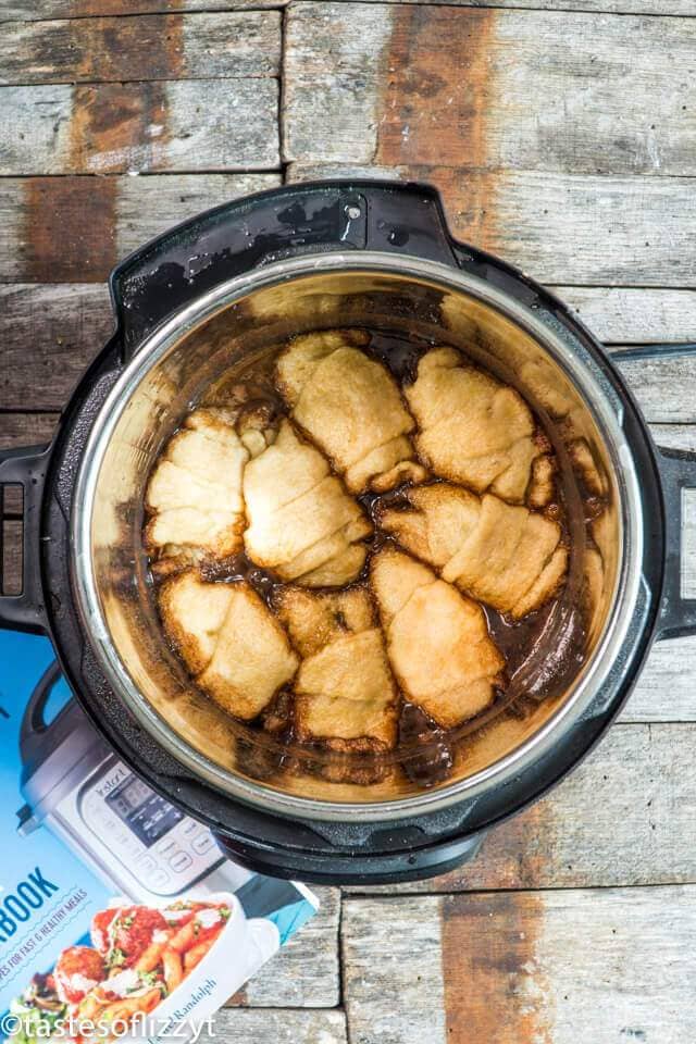 Apple dumplings inside the instant pot. They are made as an instant pot apple dessert recipe.