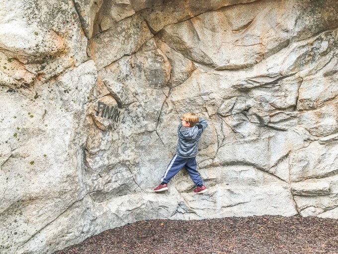 A boy climbing on the Redwood Creek Challenge Trail rock wall.