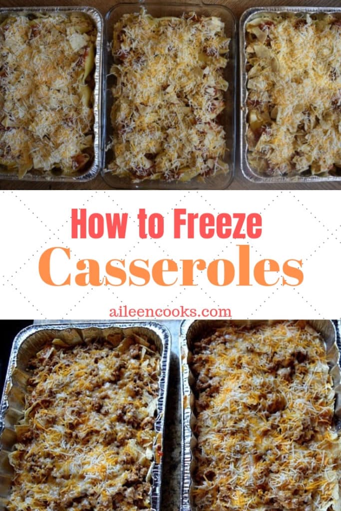 A picture of five prepared casseroles with the words "how to freeze casseroles" in the center.