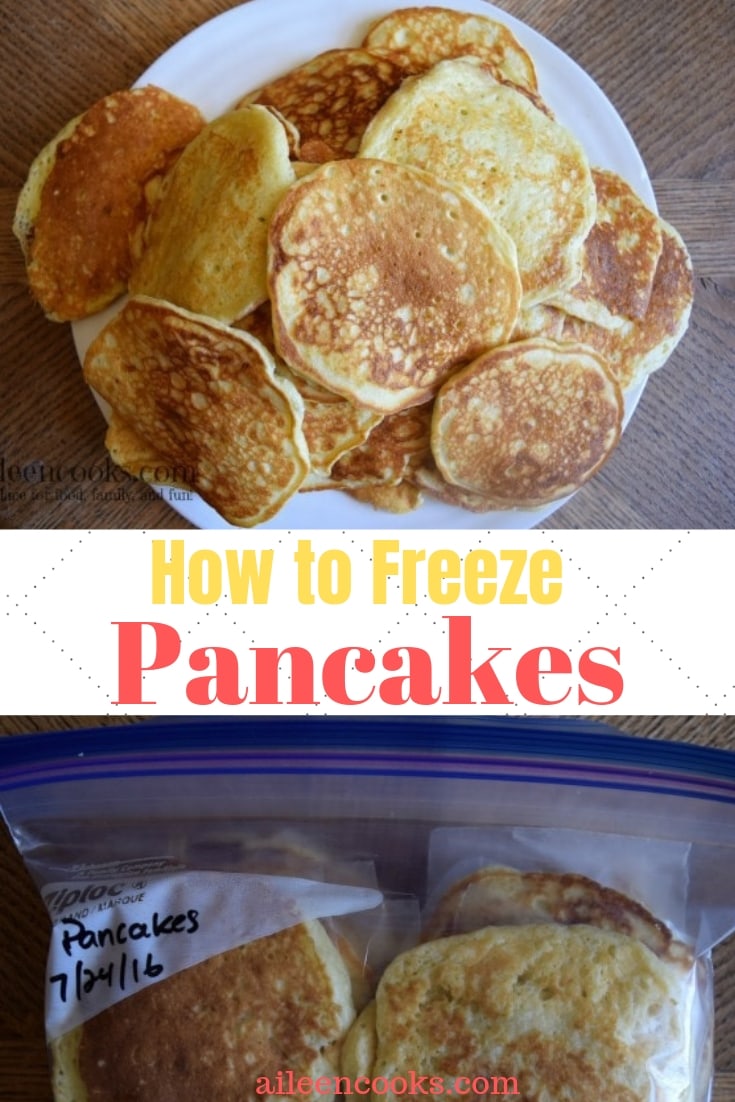 A big stack of pancakes on a white plate with the words "how to freeze pancakes".