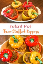 A collage of two photos of bell peppers filled with taco meat and the words "Instant Pot Taco Stuffed Peppers".