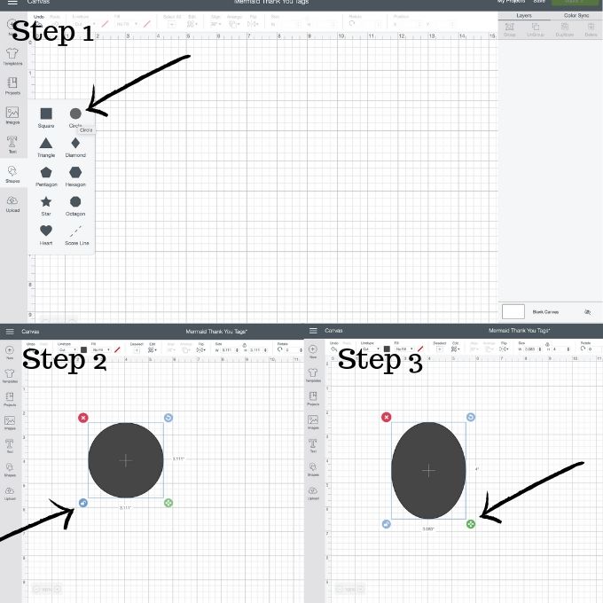 Step by step photo instructions for making a favor tag shape in Cricut Design Space.