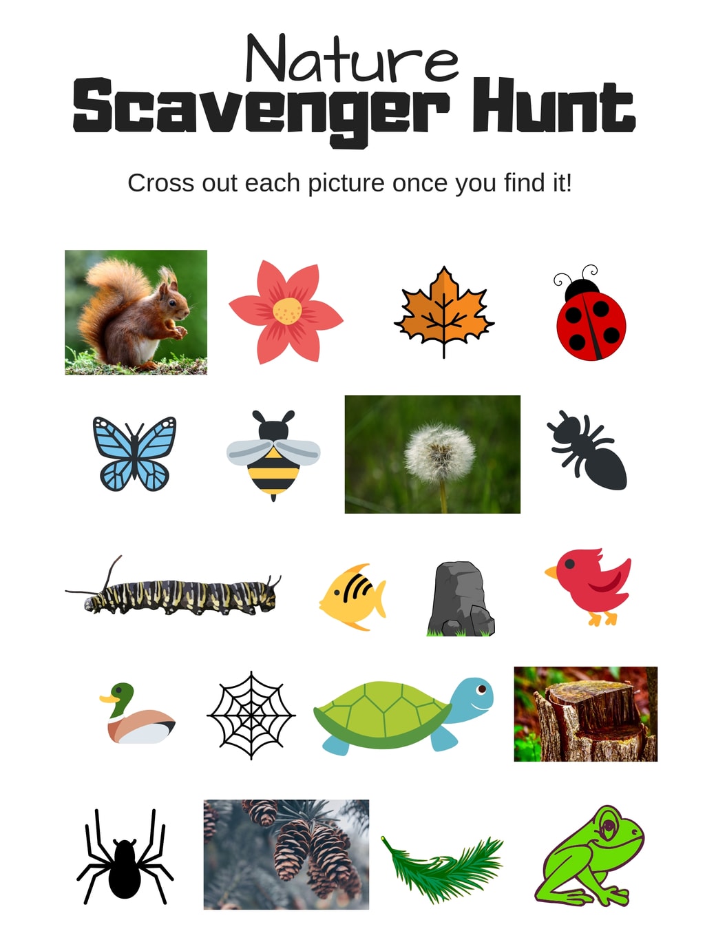 Image of free printable nature scavenger hunt for kids.