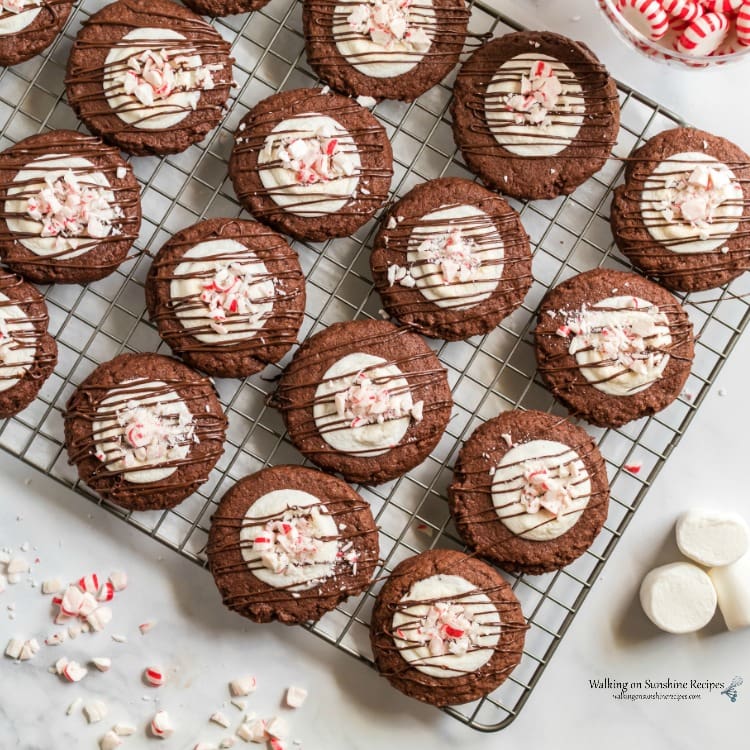 Chocolate marshmallow peppermint cookie on a cooling rack.