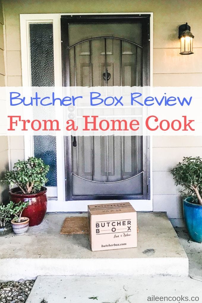 Butcher box on a front porch with the words "butcher box review from a home cook".