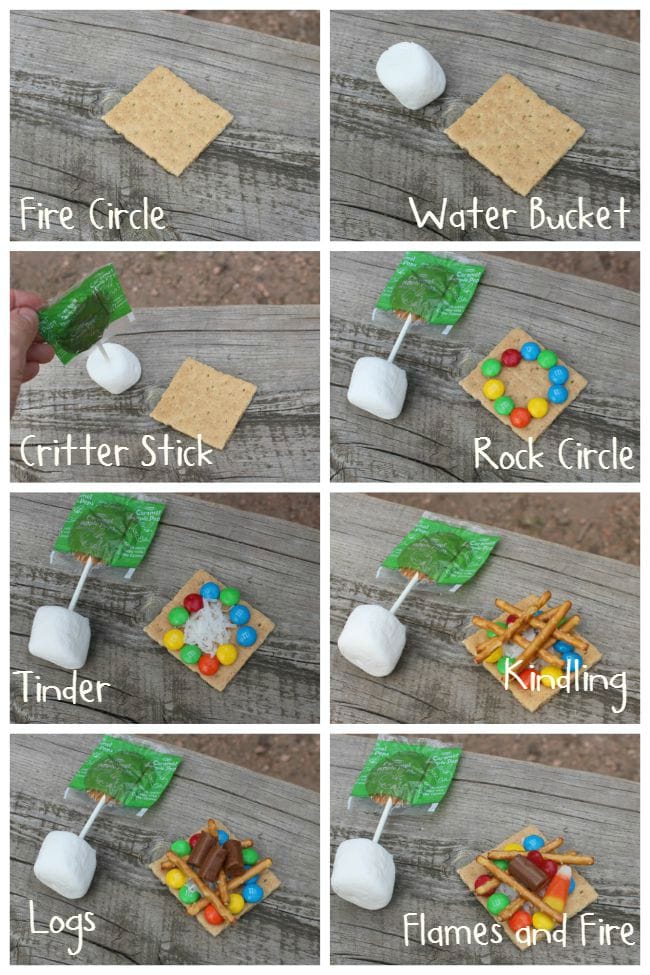 An 8 grid photo with step-by-step instructions of how to make a campfire out of candy and graham crackers.