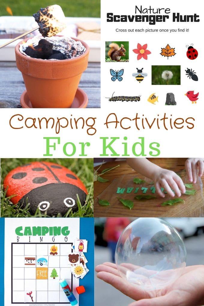 Collage image of camping activities for kids.