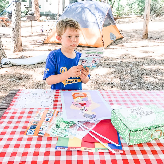 A boy reading the instructions for the human body poster.