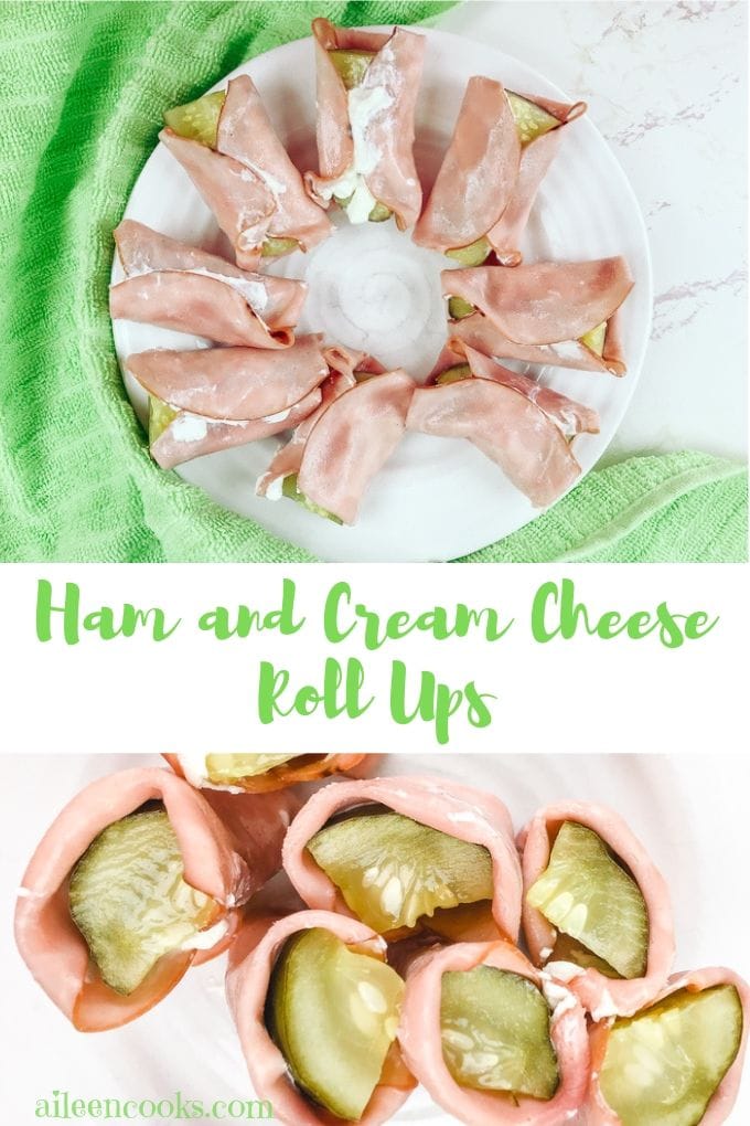 A collage photo of ham and cream cheese roll ups.