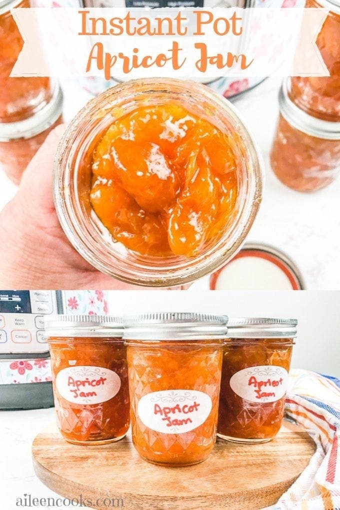 A collage photo of jars of apricot jam with the words "instant pot apricot jam".