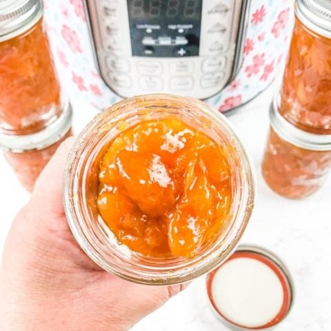 A hand holding an open jar of instant pot apricot jam.