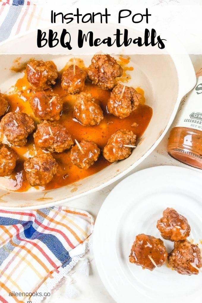 instant pot meatballs with bbq sauce on an oval dish.