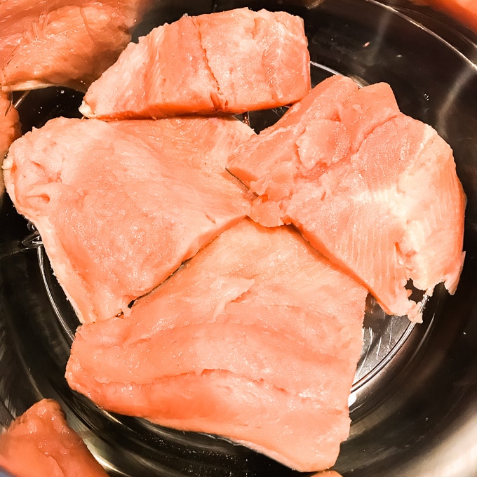 Fresh salmon filets inside instant pot.