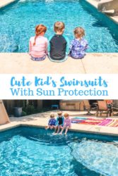 A collage photo of kids sitting next to a swimming pool in swimwear with sun protection.