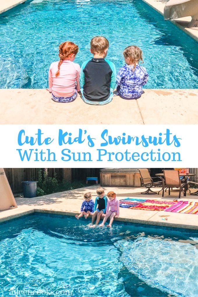 A collage photo of kids sitting next to a swimming pool in swimwear with sun protection.
