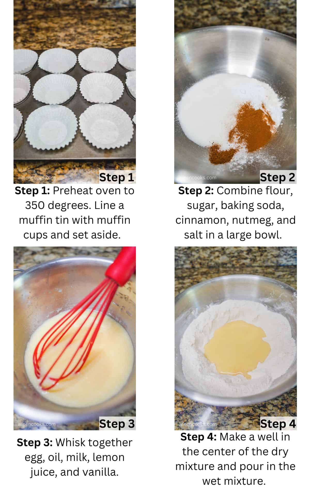 Collage photo of steps 1 through 4 for making chocolate chip zucchini muffins.