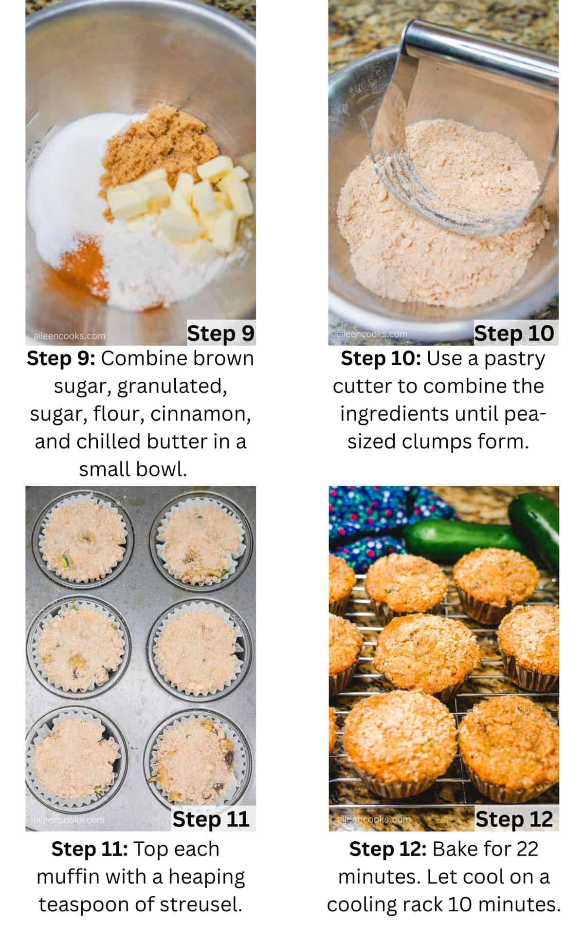Collage photo of steps 9 through 12 for making chocolate chip zucchini muffins.