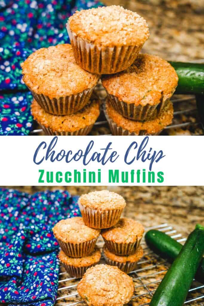 A collage photo of two pictures of zucchini muffins with the words "chocolate chips zucchini muffins" in the center of the two photos.
