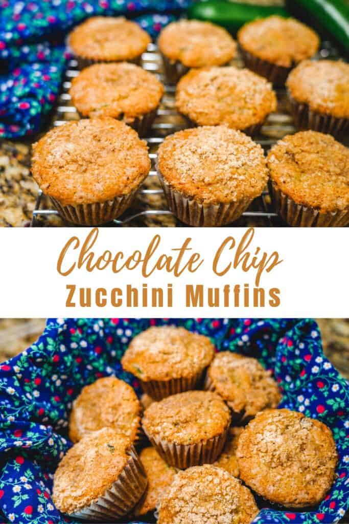 A collage photo of zucchini muffins with the words "chocolate chip zucchini muffins" in the center of the two pictures.