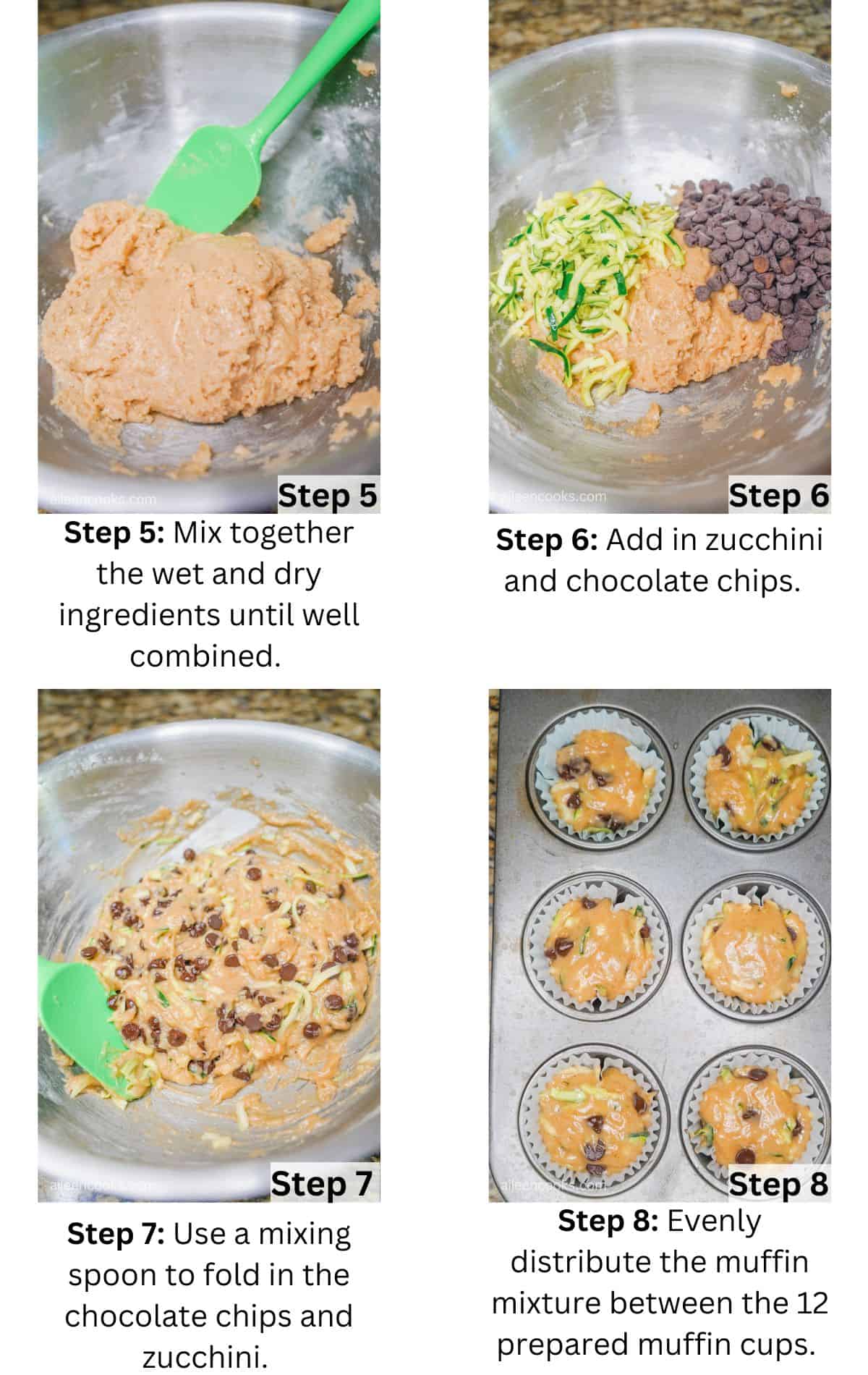 Collage photo of steps 5 through 8 for making chocolate chip zucchini muffins.