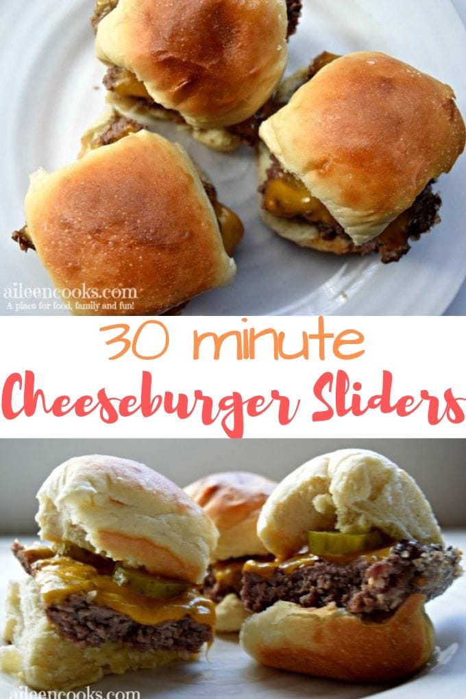 Collage photo of cheeseburger sliders on a white plate.