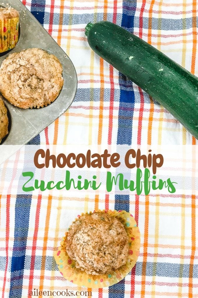 A collage photo of chocolate chip zucchini muffins next to fresh zucchini.