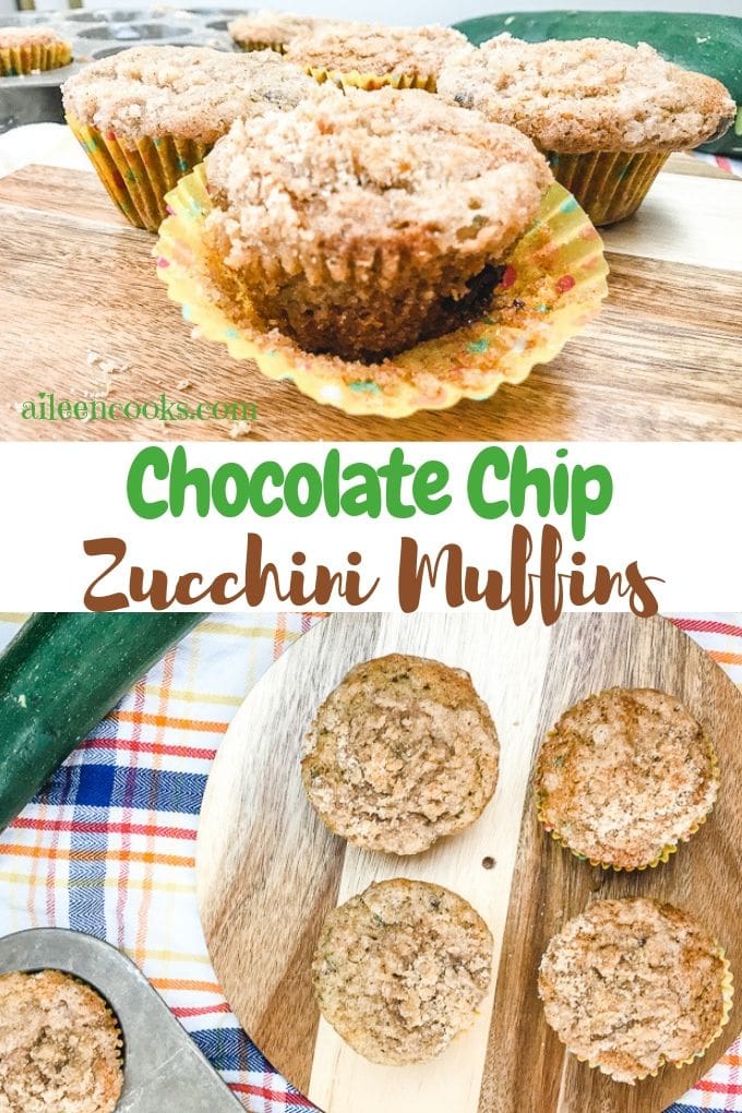 A collage photo featuring two different images of zucchini muffins.