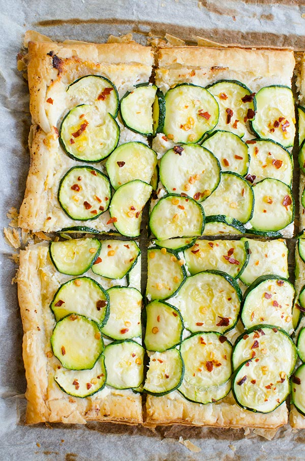 Overhead shot of puff pastry zucchini tart. 