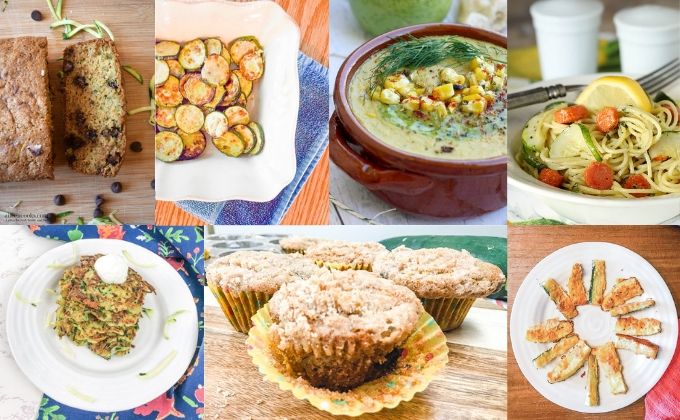 Collage photo of 7 zucchini recipes.
