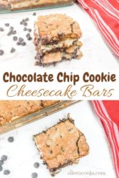 A collage photo showing two pictures of chocolate chip cookie cheesecake bars.