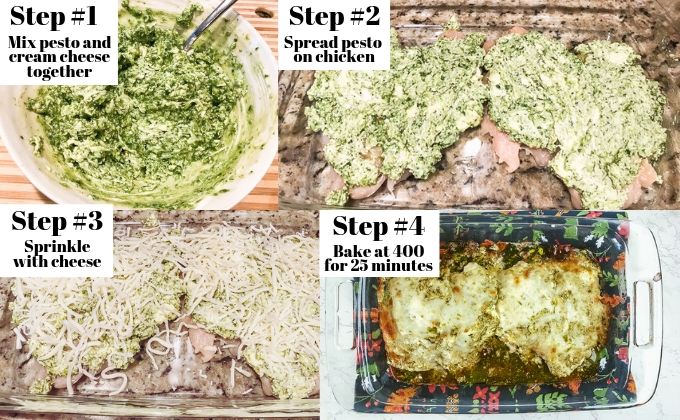 An image showing the four step process of making creamy pesto chicken. 