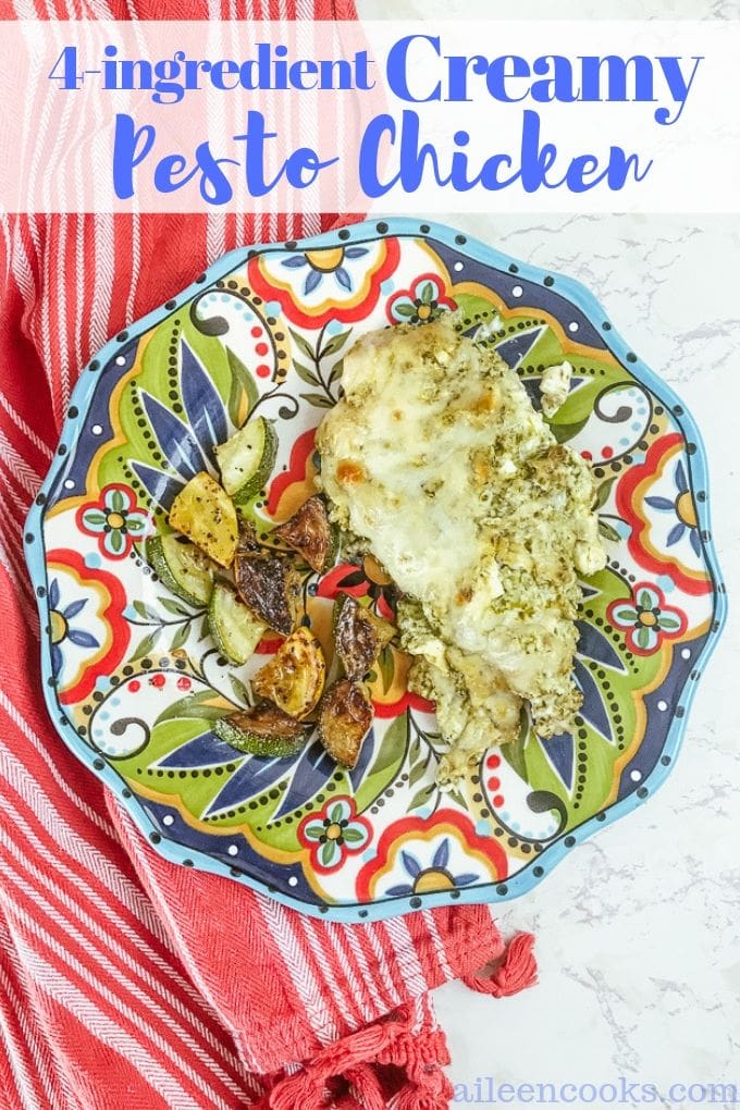 A colorful plate filled with creamy pesto chicken and roasted zucchini.