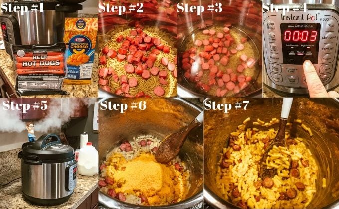 Step-by-step process shots of instant pot Kraft Mac and cheese recipe.