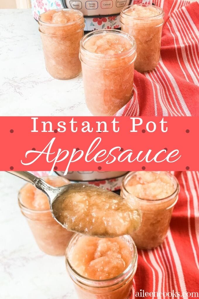 Two pictures of applesauce in a collage with the words "instant pot applesauce"