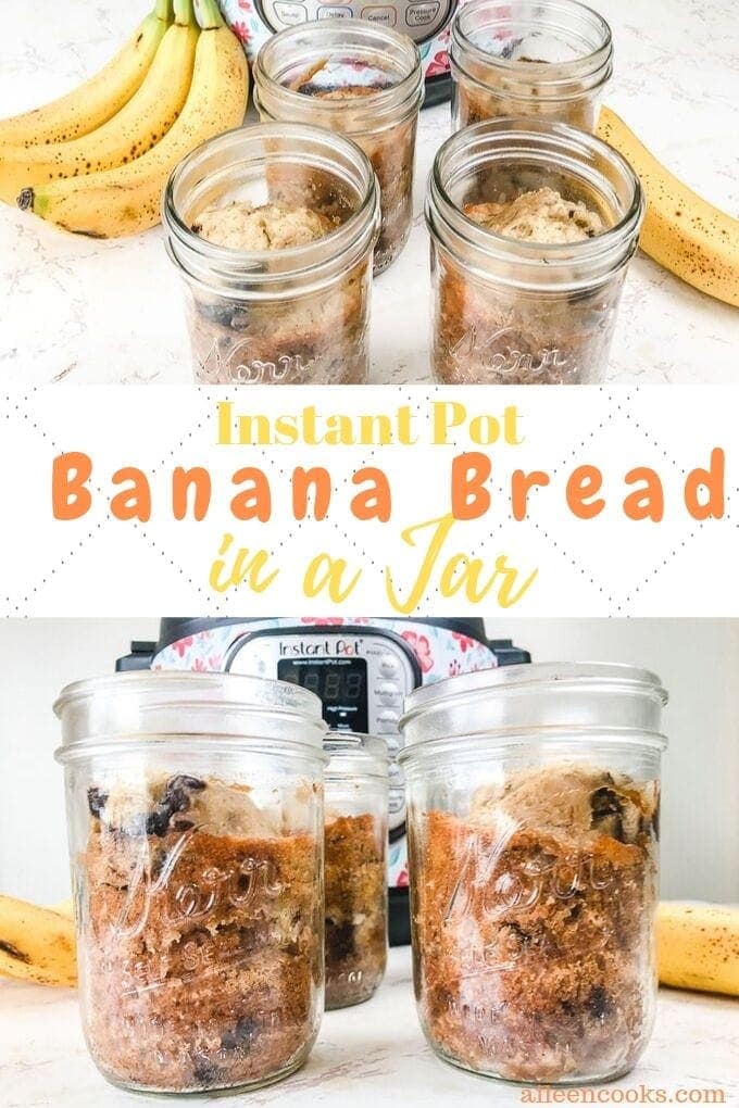 Collage photo of banana bread in four mason jars in front of instant pot.