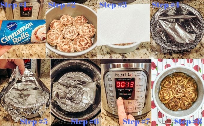 Step-by-step images showing how to make pillsbury cinnamon rolls in the instant pot pressure cooker.