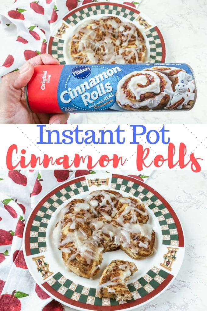 A collage photo showing a roll of Pillsbury cinnamon rolls over a batch of cooked and iced instant pot cinnamon rolls. 