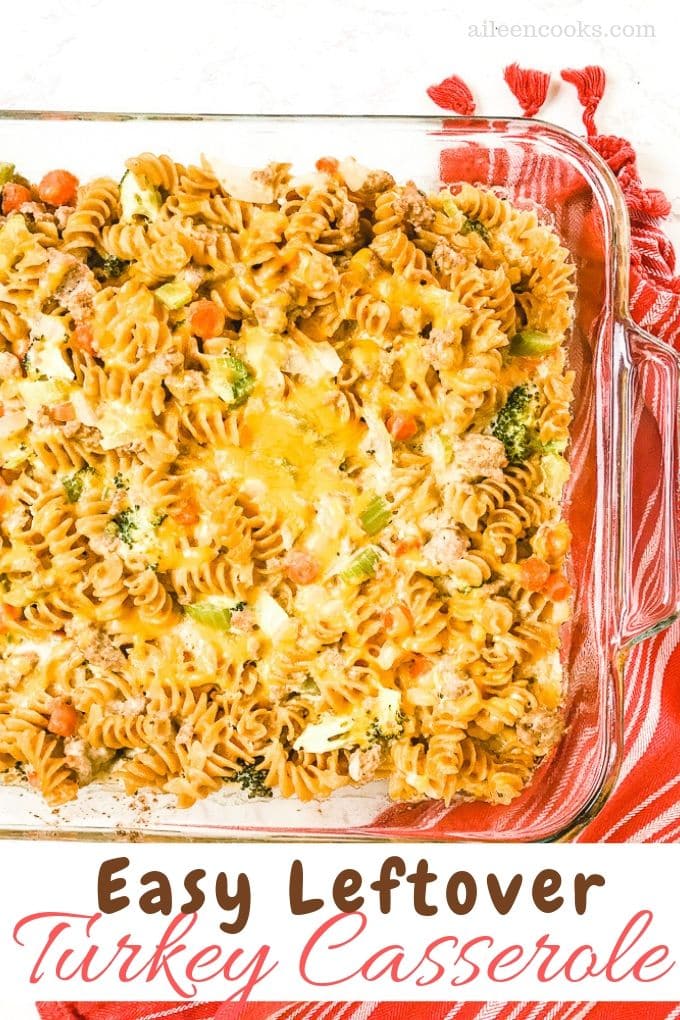 A glass casserole dish with ground turkey casserole.