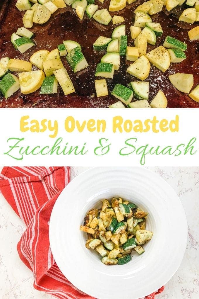 Collage photo of a cookie sheet of zucchini and squash over a bowl of the roasted zucchini and squash.