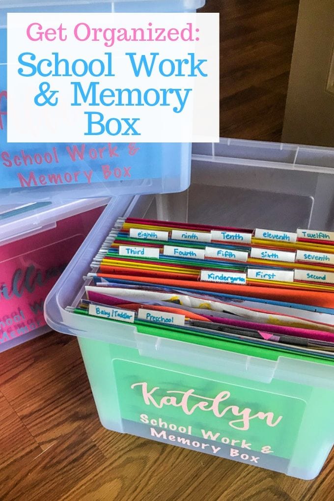 A school memory box with the lid off and the words "Get Organized: school memories box"